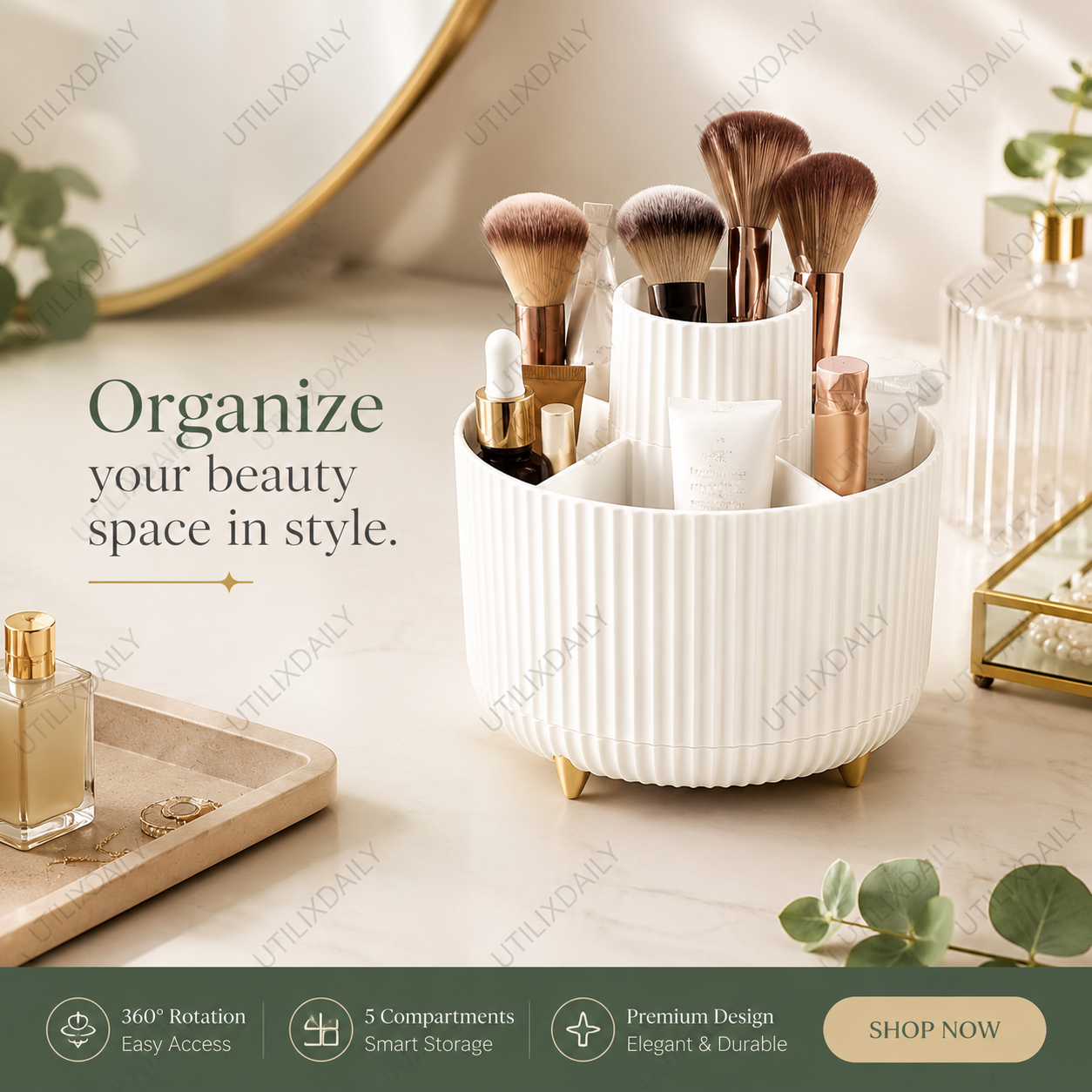 Premium sales image of an ivory 360° rotating makeup organizer styled on a vanity with beauty essentials, ready to buy.