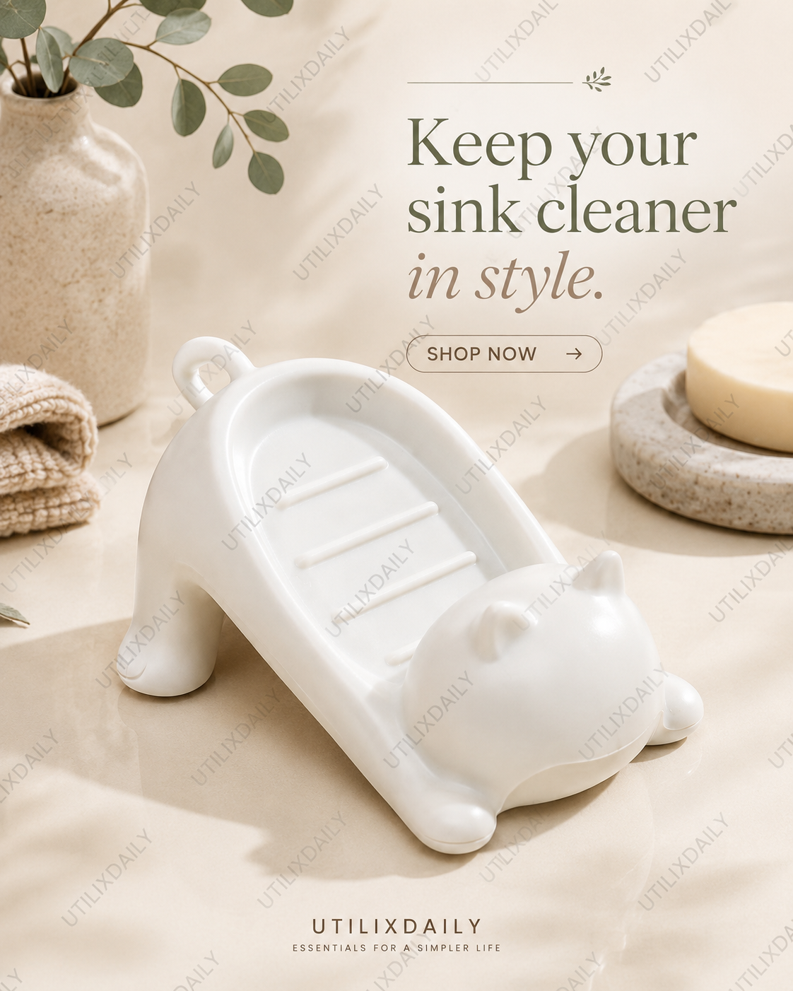 White cat-shaped self-draining soap holder displayed on a clean ivory background for bathroom organization.