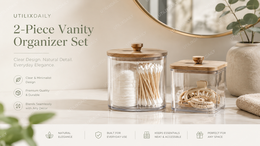 Clear 2-piece bathroom vanity organizer set with wood-look lids for cotton pads and Q-tips
