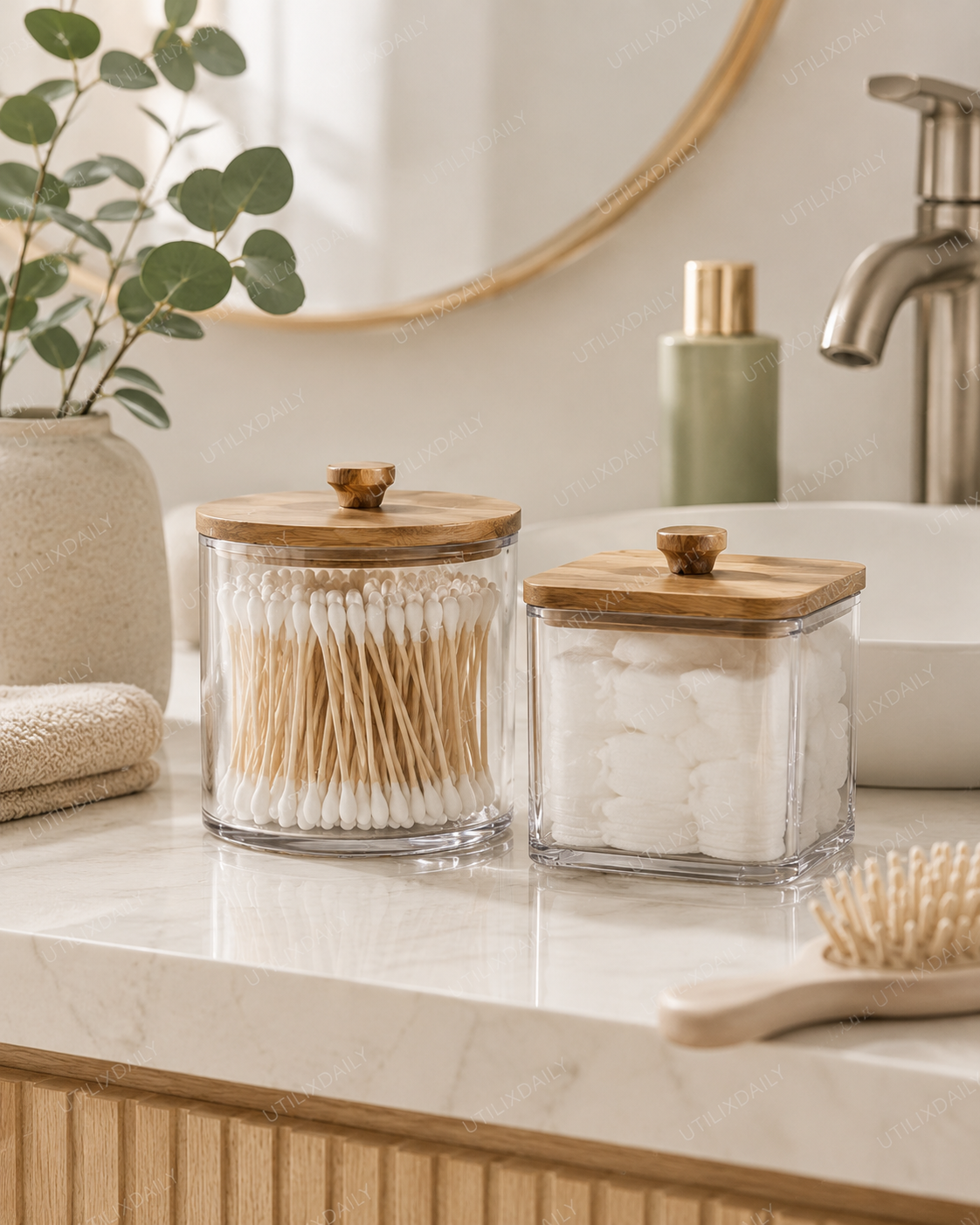 Transparent bathroom storage containers with wood-look lids for cotton pads and swabs