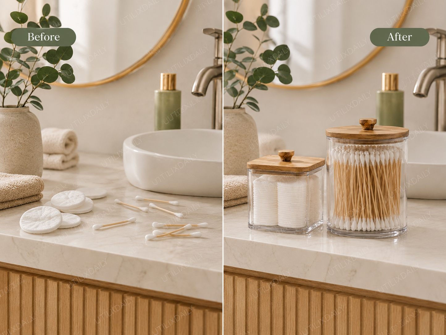 Before and after bathroom vanity organization with clear storage containers