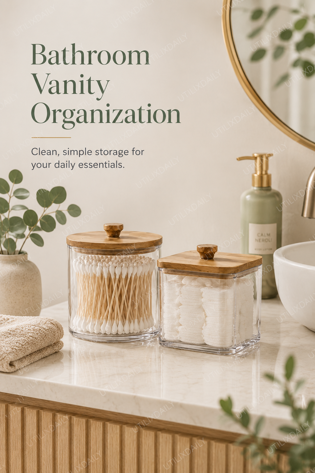 Clear bathroom vanity organizer set styled on a clean countertop