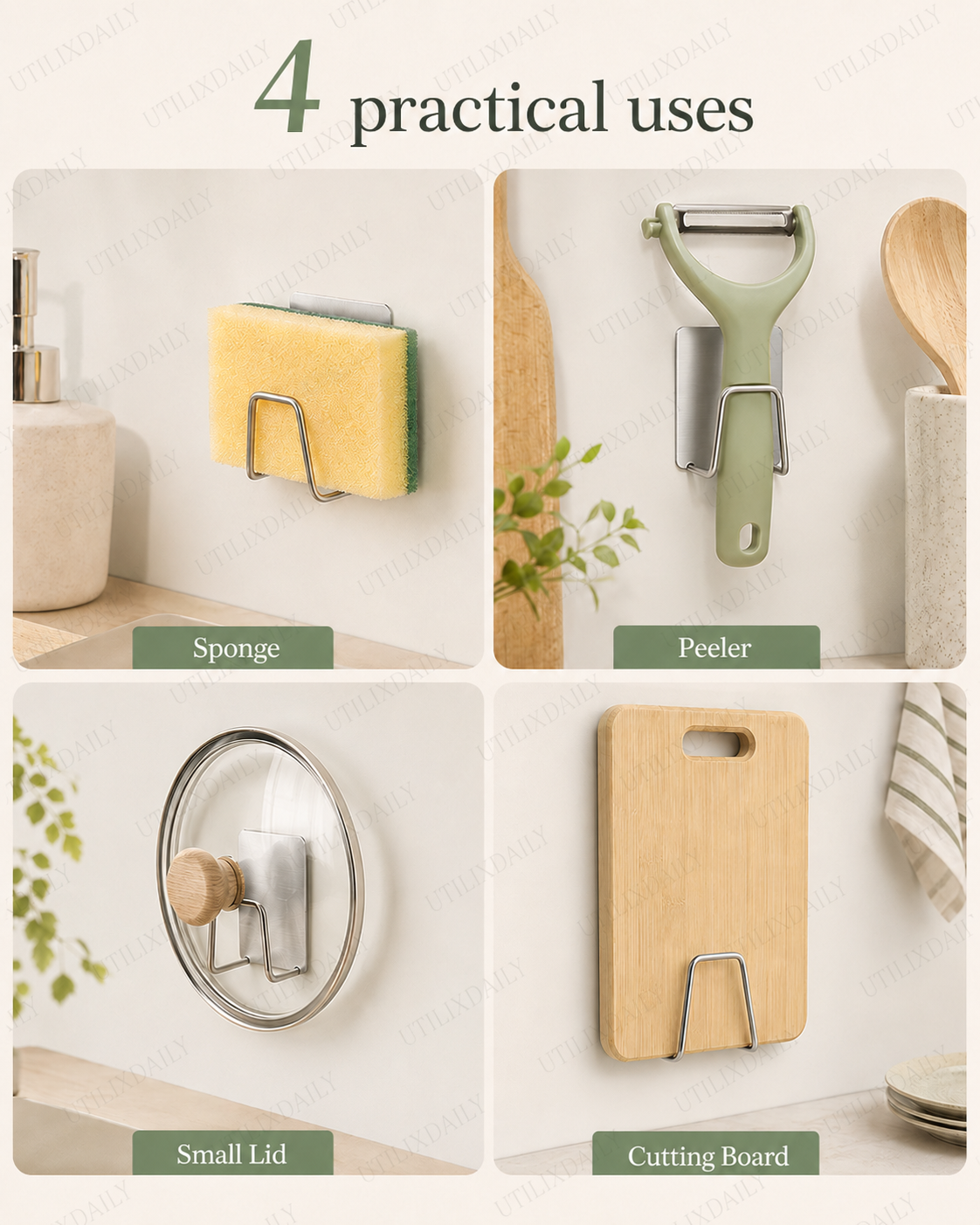 Four practical uses for silver self-adhesive kitchen hooks holding a sponge, peeler, small lid, and cutting board.