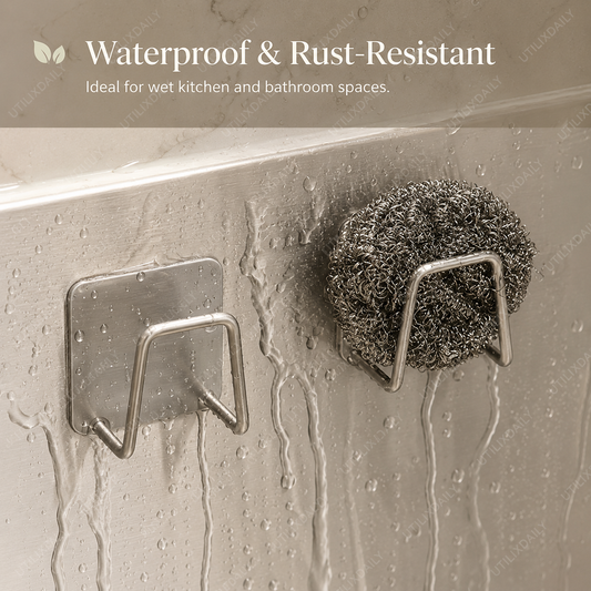 Waterproof and rust-resistant silver adhesive kitchen hook holding a steel scrubber near a wet sink surface