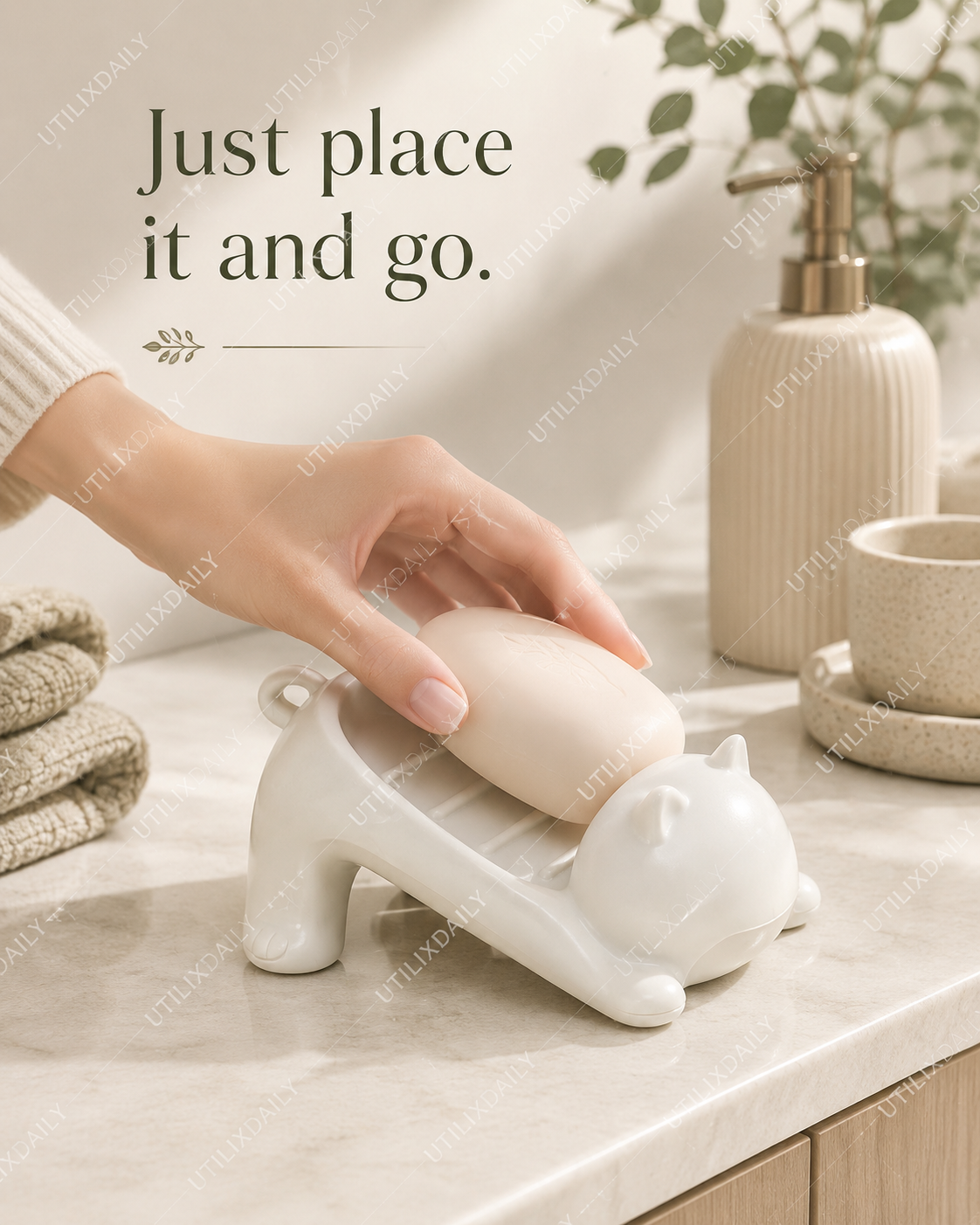 Hand placing a pastel soap bar onto a white cat-shaped self-draining soap holder.