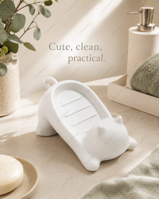 White cat-shaped soap holder on a warm ivory bathroom counter with a clean minimalist style.