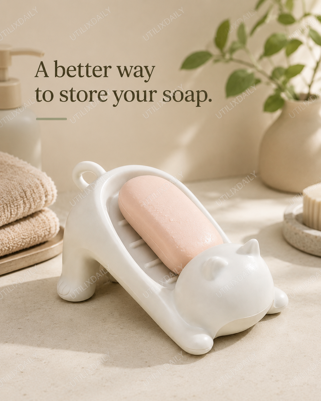 White cat-shaped self-draining soap holder holding a pastel soap bar on a clean bathroom counter.