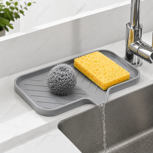 Grey self-draining silicone sink tray placed on the edge of a kitchen sink, holding a sponge and scrubber while water drains into the sink.