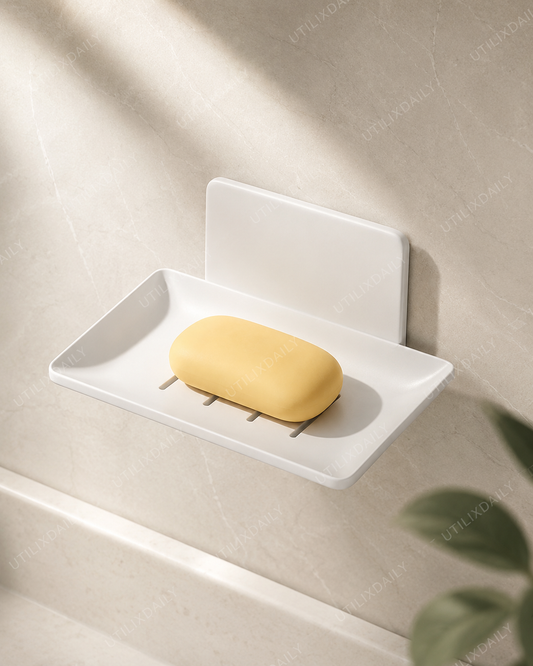 White wall-mounted self-draining soap holder with a yellow soap bar, styled in a clean minimal bathroom with soft neutral tones.