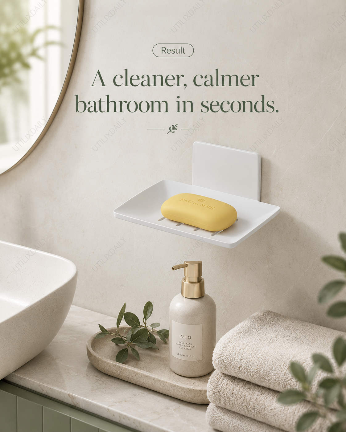 Promotional image showing a calm organized bathroom with a white wall-mounted soap holder as part of the clean setup.
