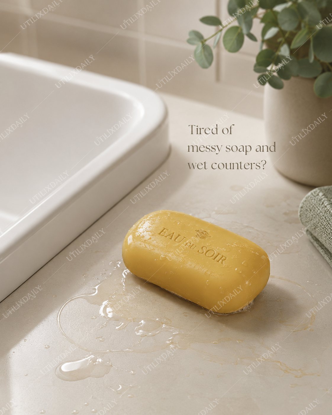 A bathroom counter with a wet soap bar leaving residue and water mess near the sink.