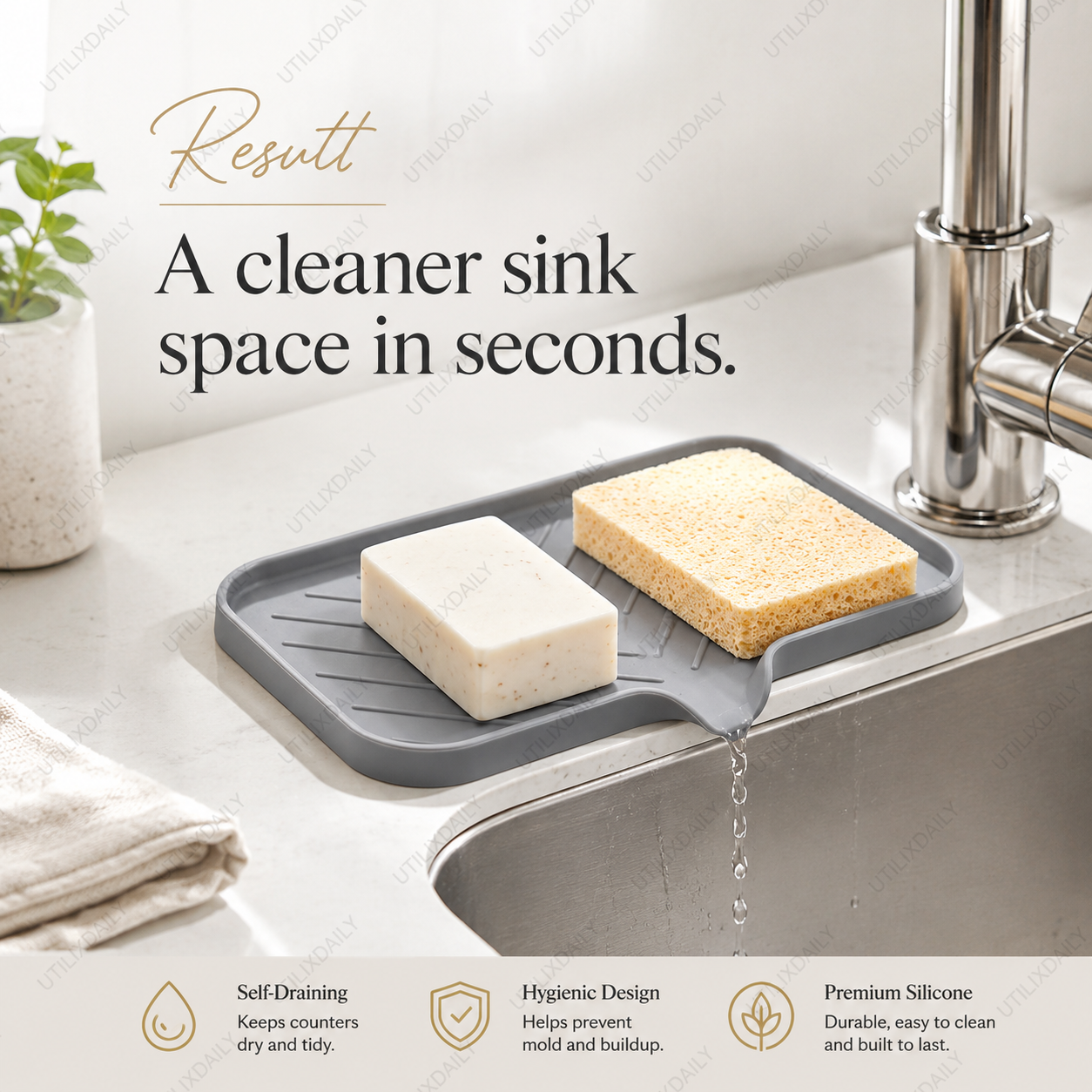 Organized kitchen sink area featuring a grey self-draining tray that keeps soap and sponges neatly in place.
