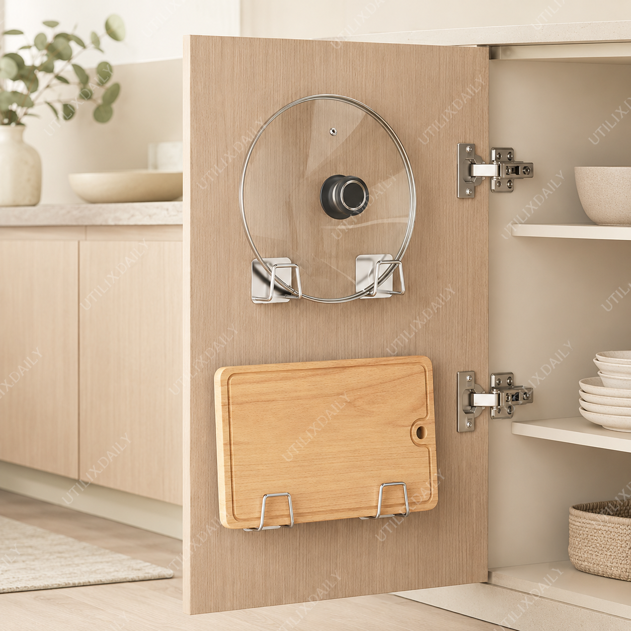 Kitchen cabinet door organized with silver self-adhesive hooks holding a glass lid and wooden cutting board.