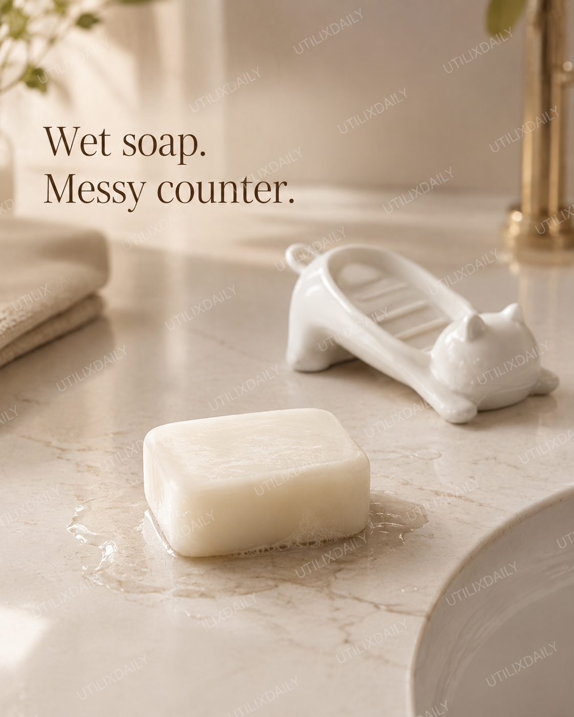 Wet soap bar on a bathroom counter showing water residue and messy sink area.