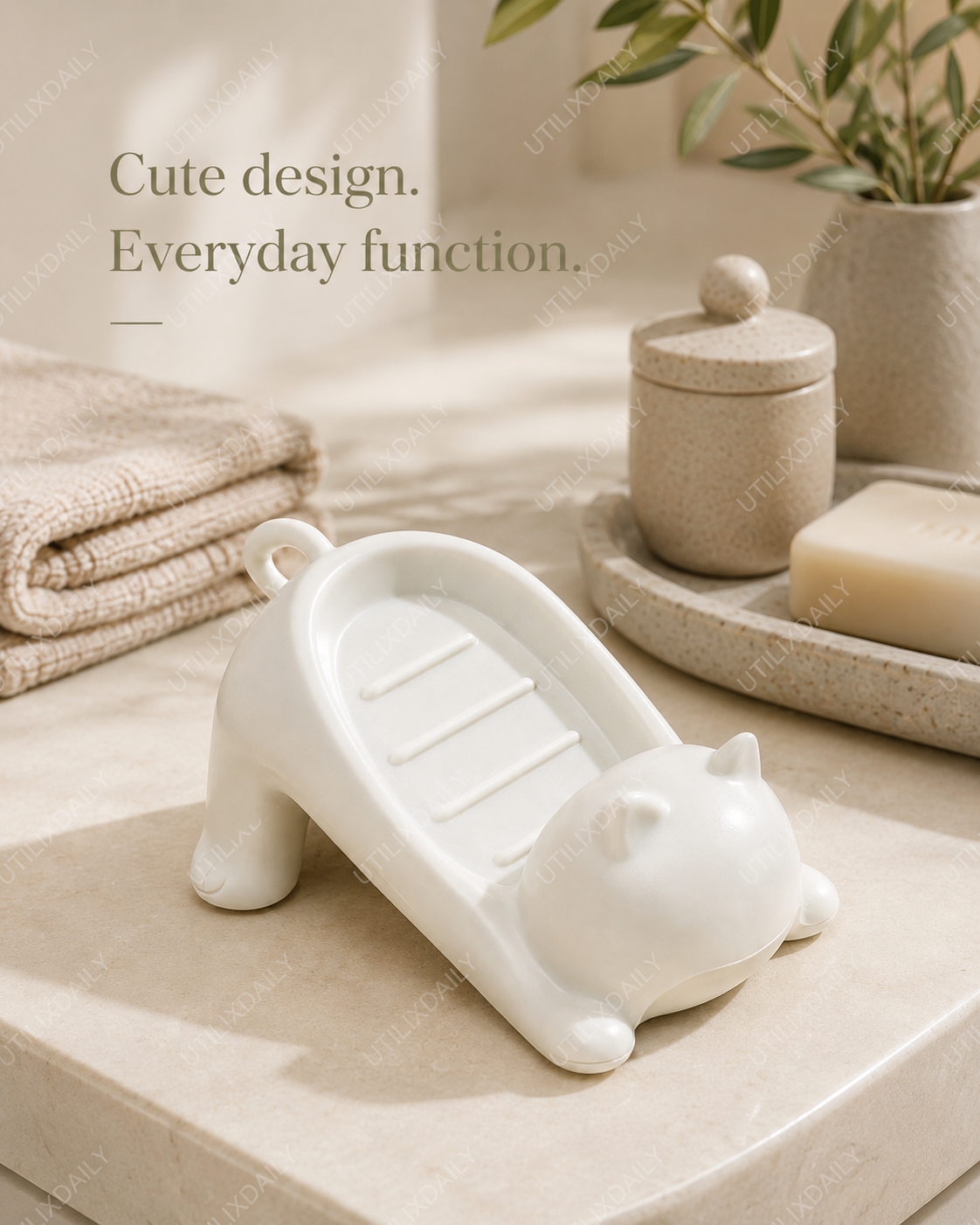 White cat-shaped soap holder styled with neutral bathroom towels and soft beige accessories.