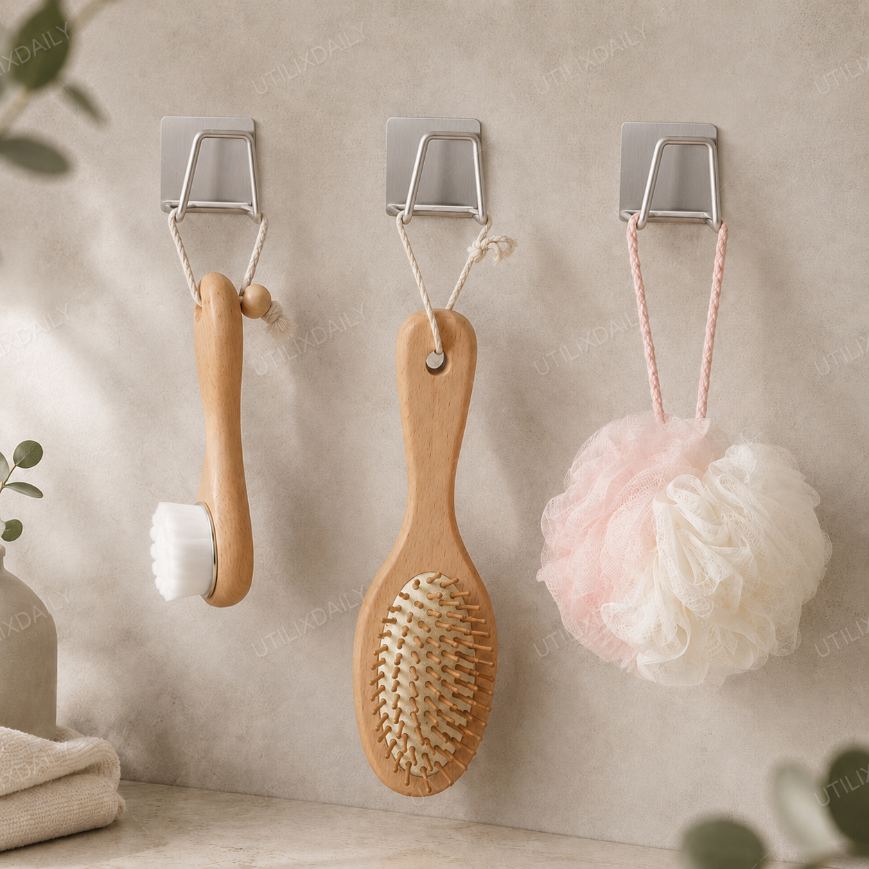 Silver self-adhesive bathroom hooks holding a wooden body brush, wooden hair brush, and bath sponge on a neutral wall.