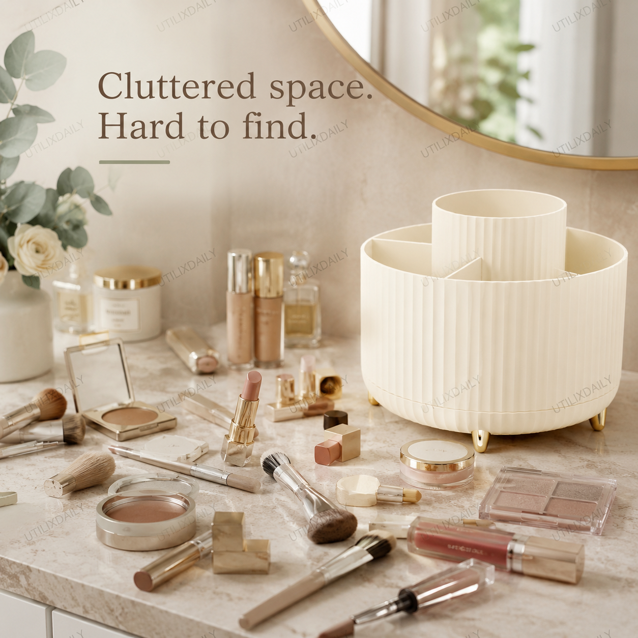 Beauty items scattered on a vanity counter with an ivory 360° rotating makeup organizer nearby, showing a cluttered space before using the organizer.