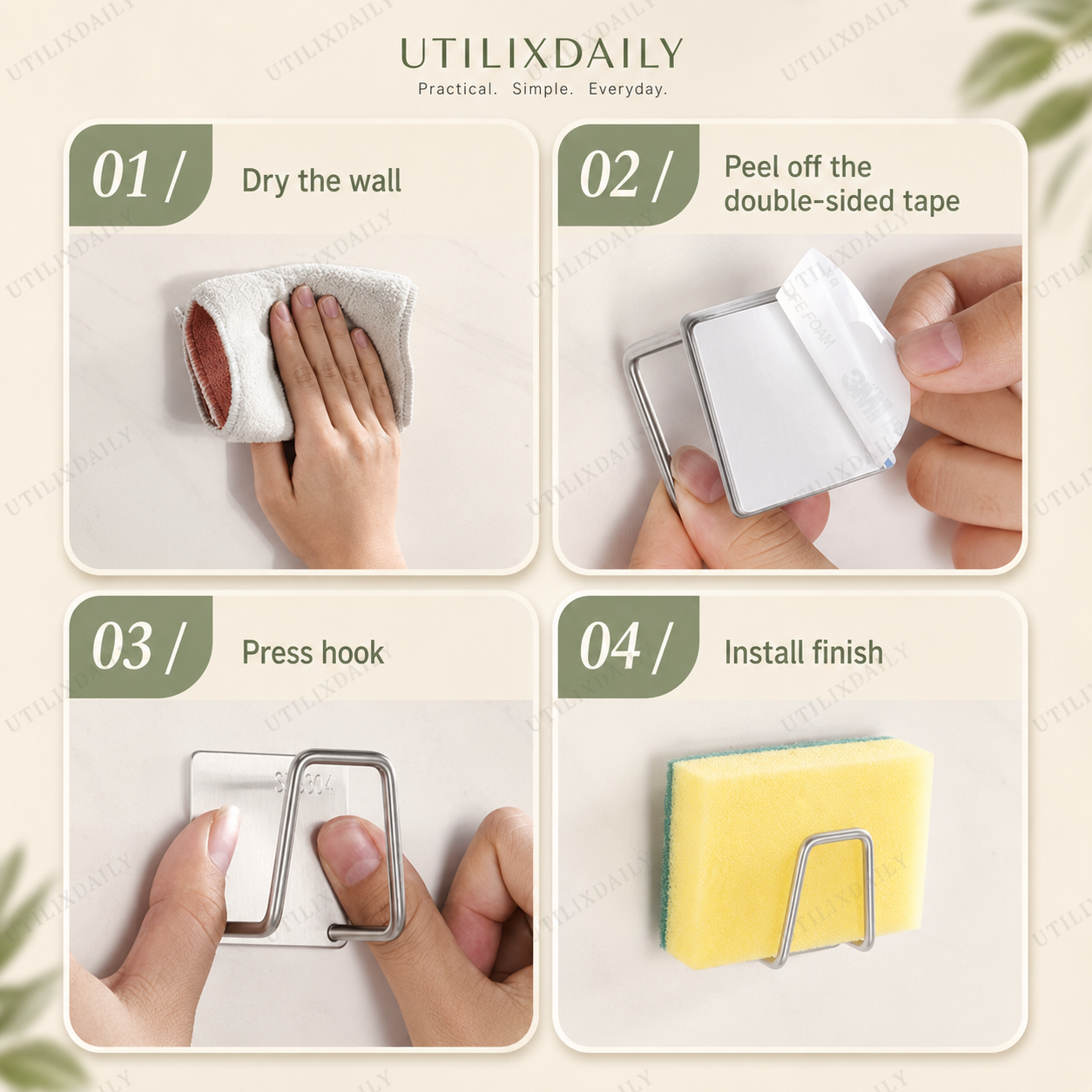 Step-by-step installation guide for silver self-adhesive kitchen hooks: clean the wall, peel the tape, press, and finish.
