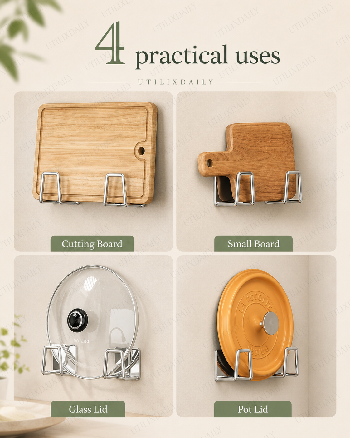 Silver self-adhesive kitchen hooks used to organize cutting boards and pot lids on a clean kitchen wall.