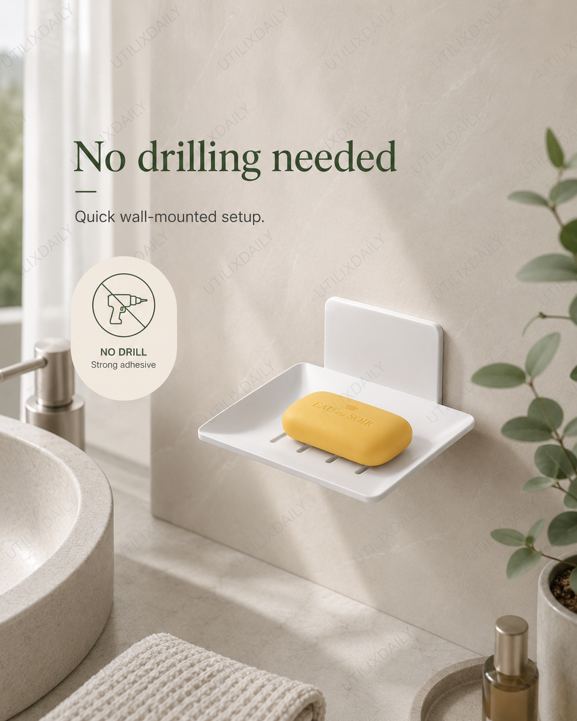 White wall-mounted soap holder displayed in a clean bathroom with emphasis on easy no-drill installation.
