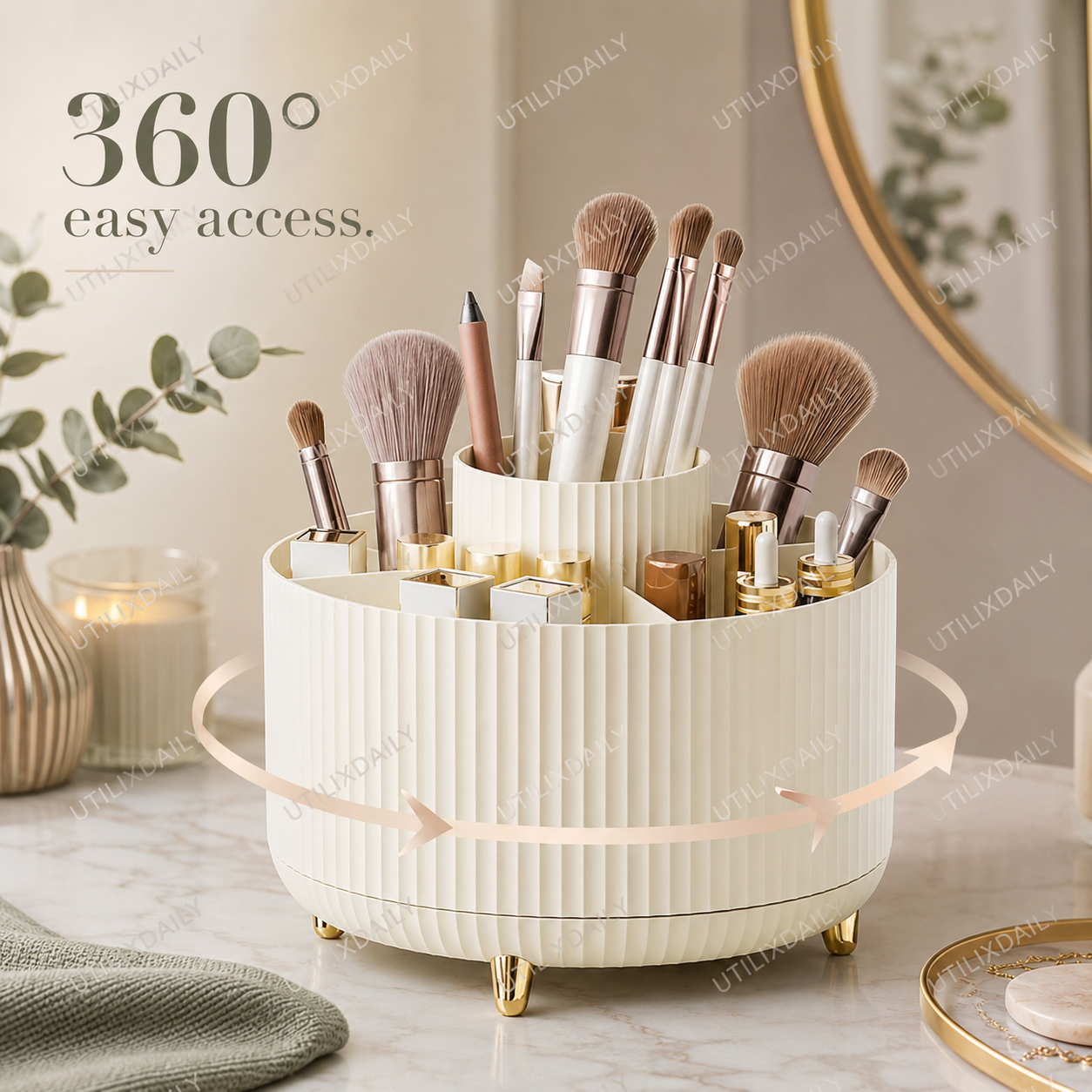 Close-up of an ivory 360° rotating makeup organizer showing brushes and beauty items with emphasis on the easy-access rotating design.