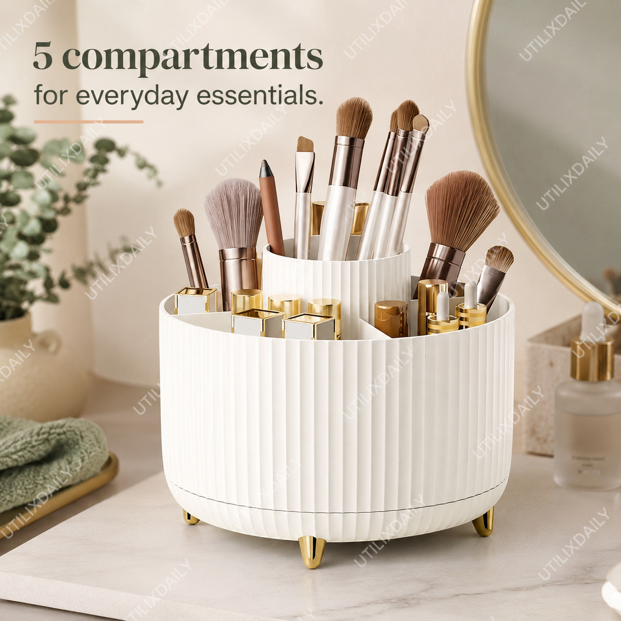Ivory makeup organizer with five compartments holding brushes, lipsticks, and beauty items in a neat and organized arrangement.