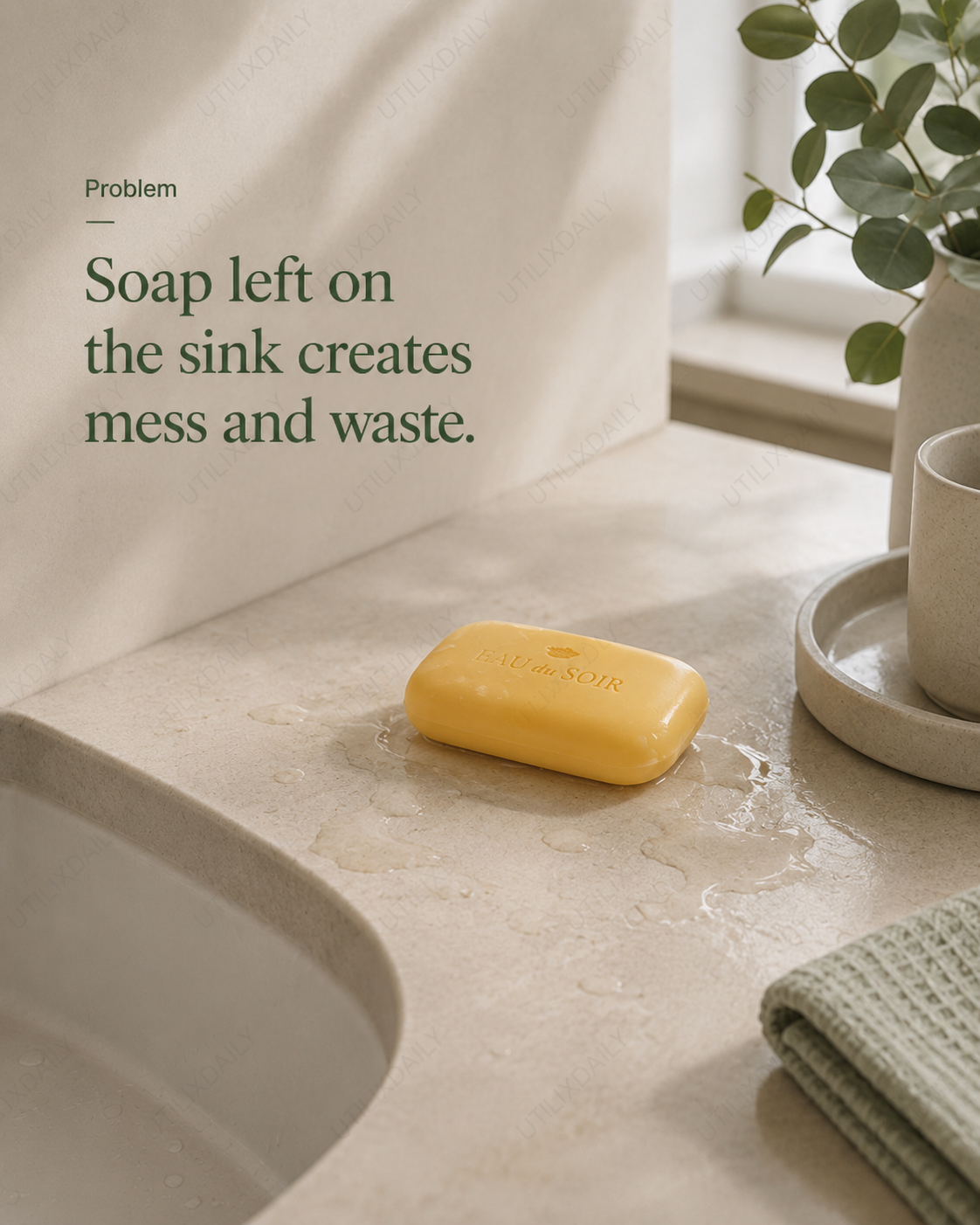 Promotional image showing a wet soap bar on a sink edge creating mess and residue.