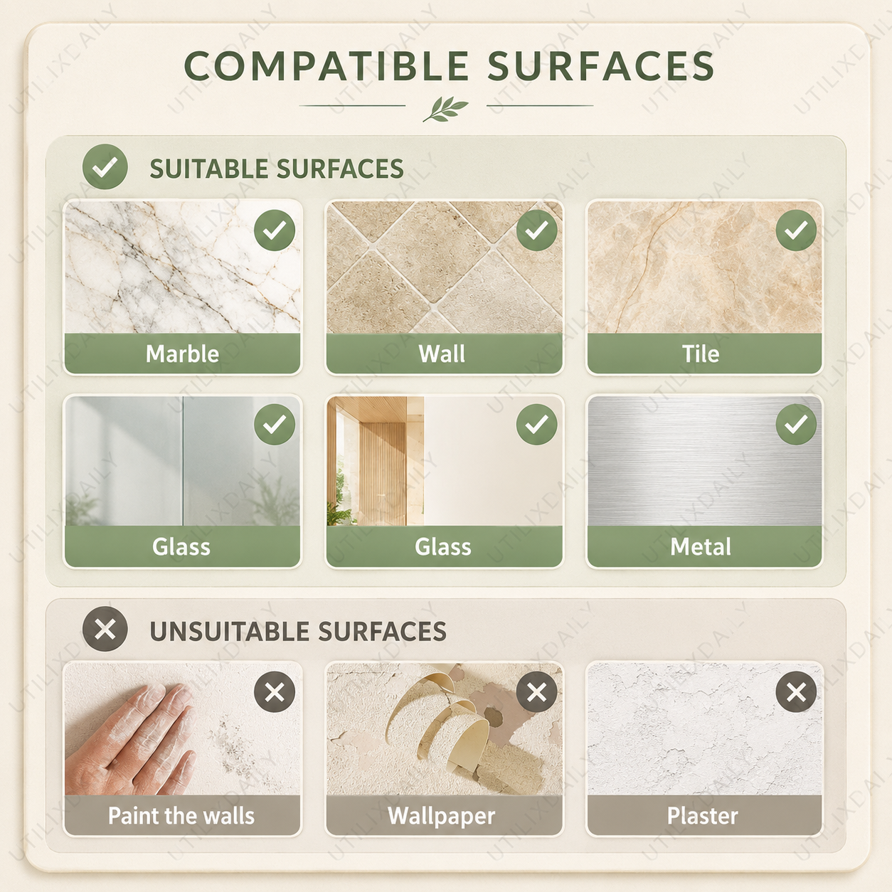 Compatible and unsuitable surfaces for silver self-adhesive kitchen hooks, including marble, wall, tile, glass, metal, wallpaper, paint, and plaster.