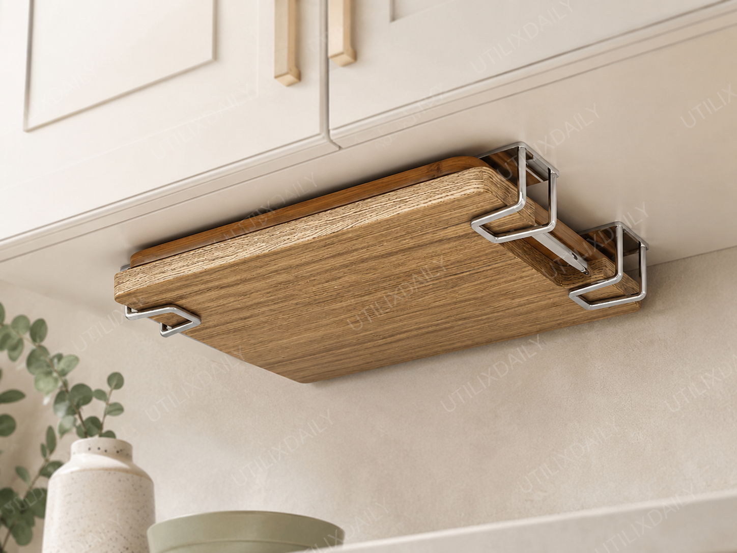 Wooden cutting board stored under a kitchen cabinet using silver self-adhesive stainless steel hooks.