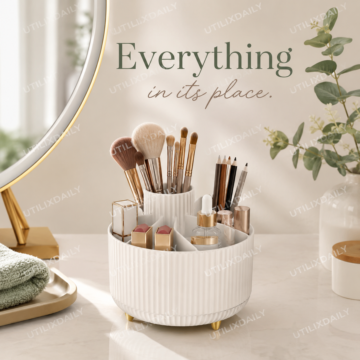 Ivory 360° rotating makeup organizer neatly holding brushes, lipsticks, and beauty essentials on a clean vanity surface.
