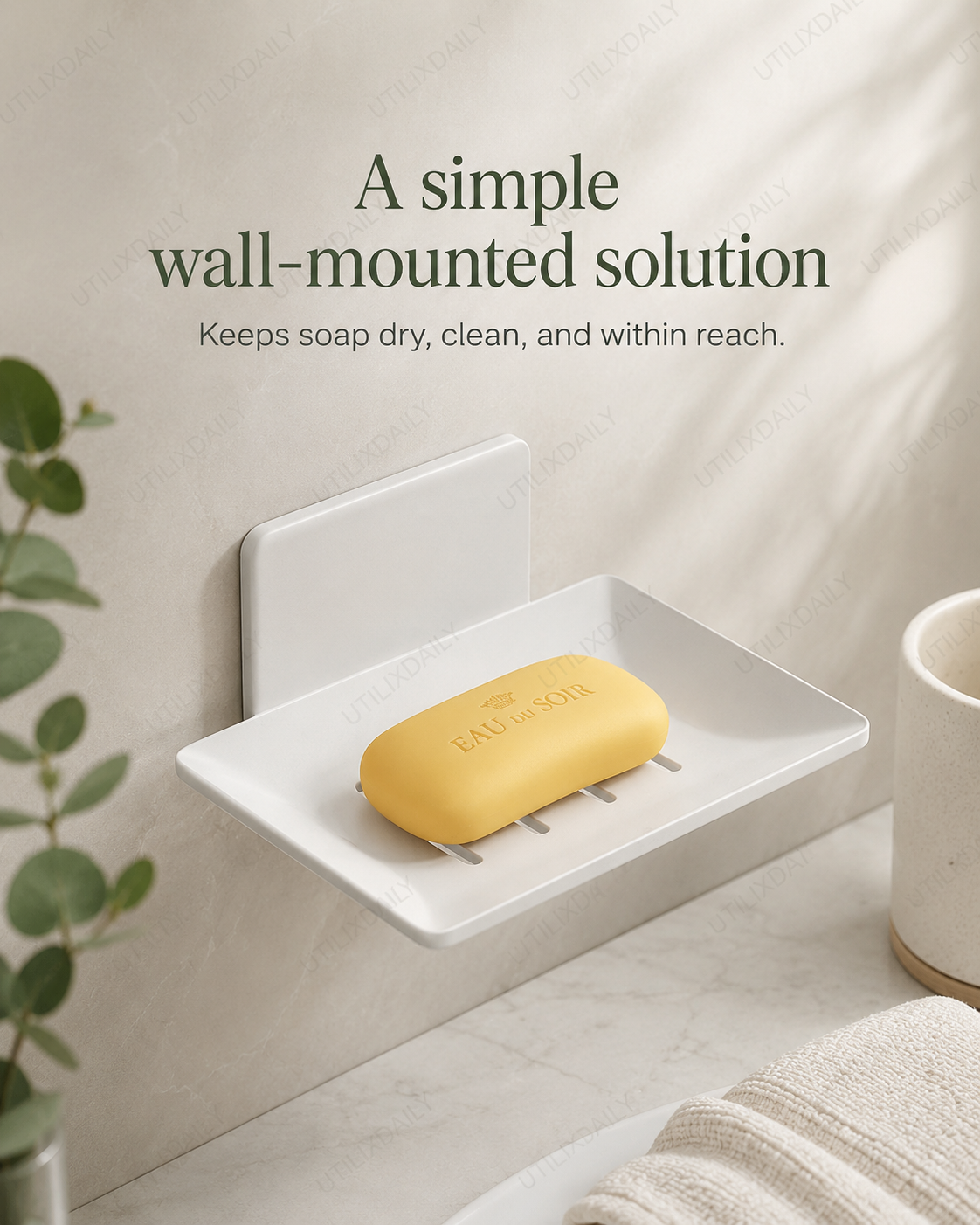White wall-mounted soap holder keeping a soap bar dry and organized in a clean modern bathroom