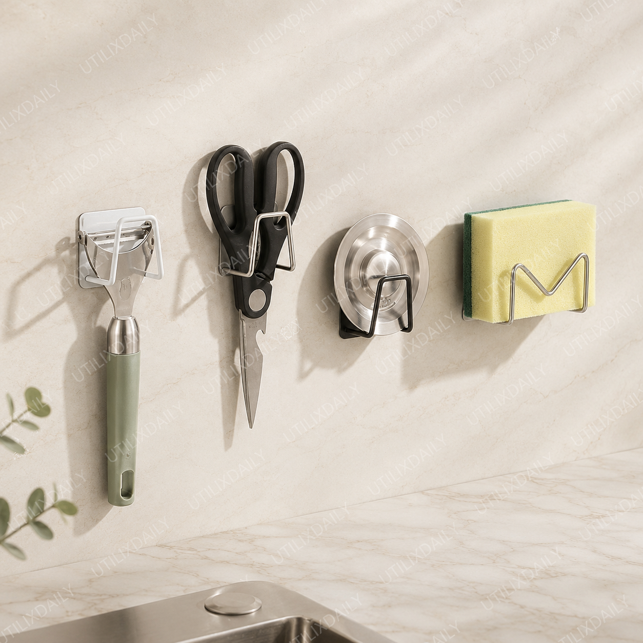 Silver adhesive kitchen hooks holding a peeler, scissors, small lid, and sponge on a clean kitchen wall.