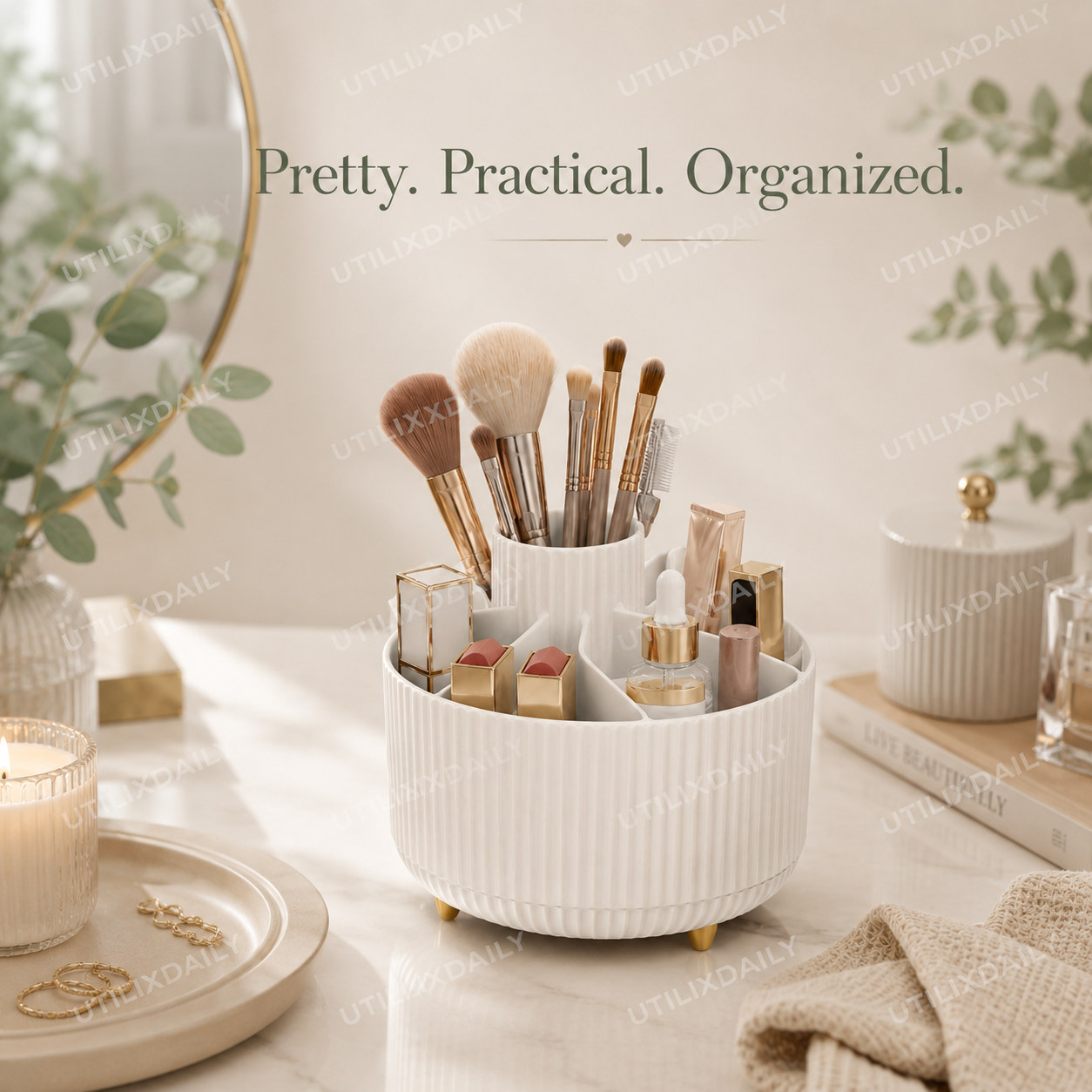 Ivory rotating makeup organizer styled on a vanity with soft decor elements, showing it as both a useful storage piece and a beautiful accessory.